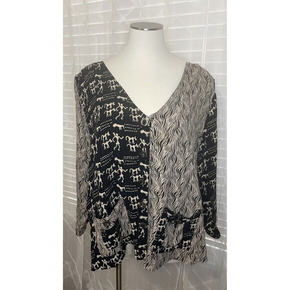 Avenue Tops - Avenue Top Womens Size 30 Black Button Up Long Sleeve Oversized Flowy Patterned